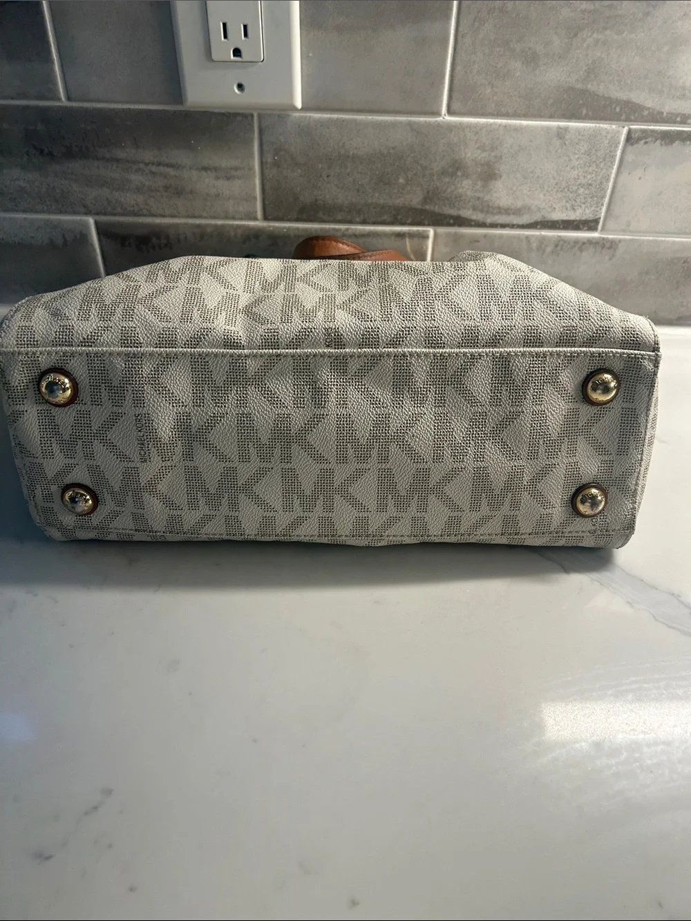 Michael Kors Cynthia Cream MK Logo Tote with Gold Hardware